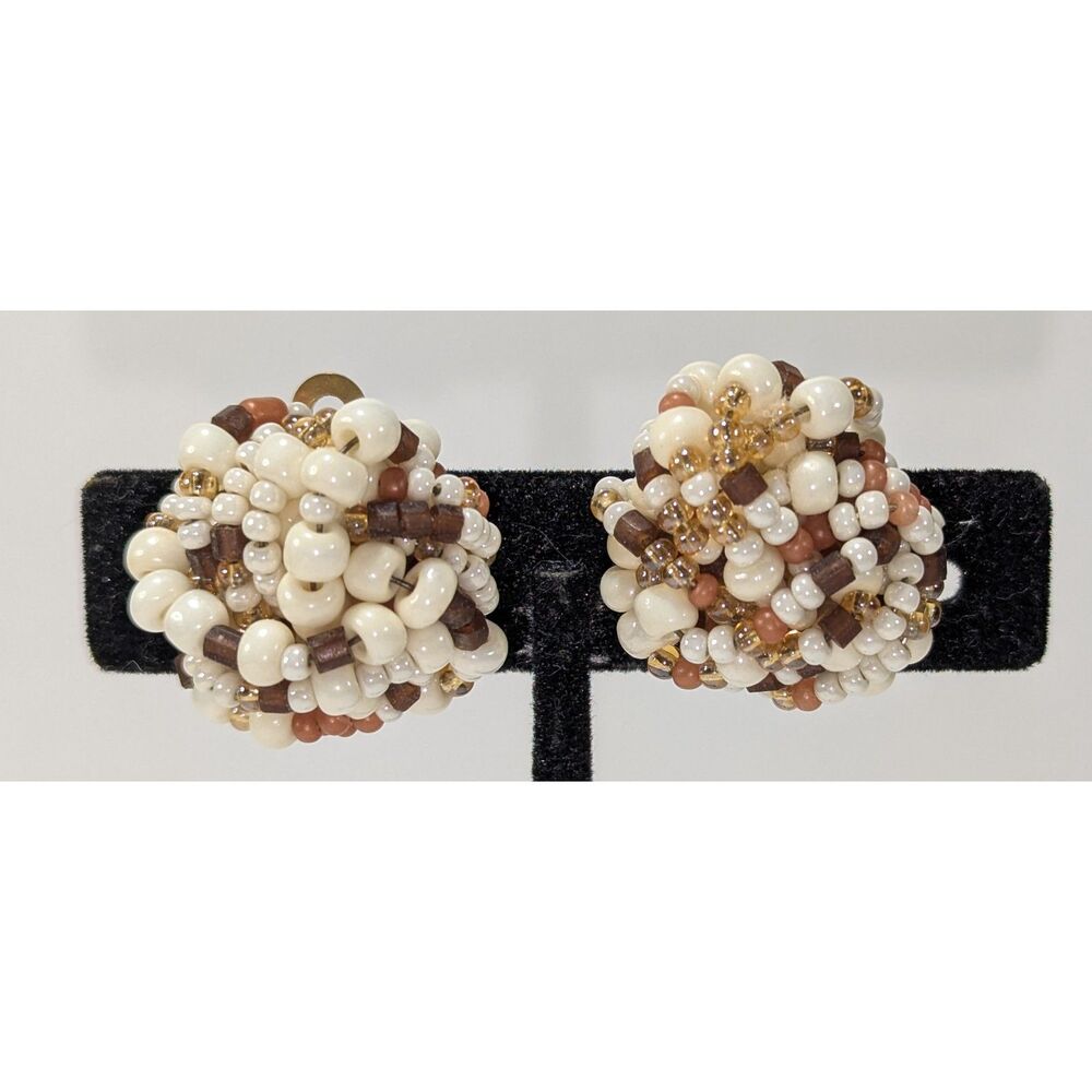 Vintage Beaded Shades of Brown White Clip On Earrings